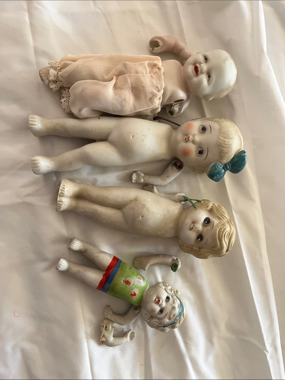 4 Antique Bisque Porcelain dolls Japan super OLD 1920’s Joints need help.#23
